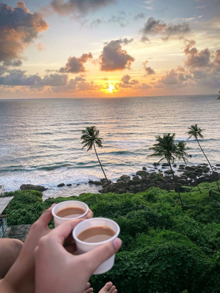Two cups of chai against a coastal sunset with palm trees in Goa